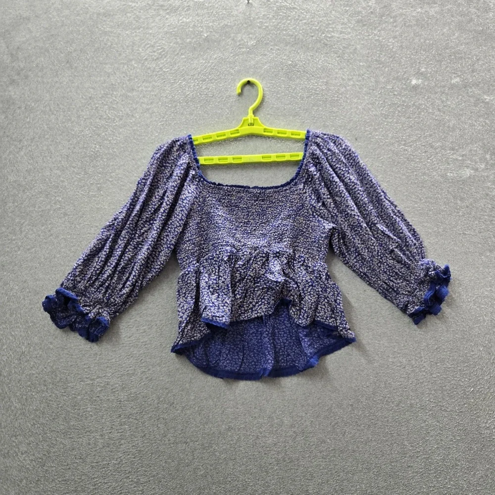 Free People Women Blouse S Blue Floral Brittnee Printed Peplum Ruffle Crop  Boho